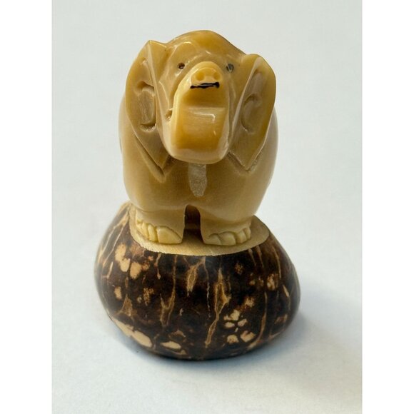 Other - Vintage Miniature Hand Carved Tagua Nut Elephant Figure Standing on A Tagua Nut